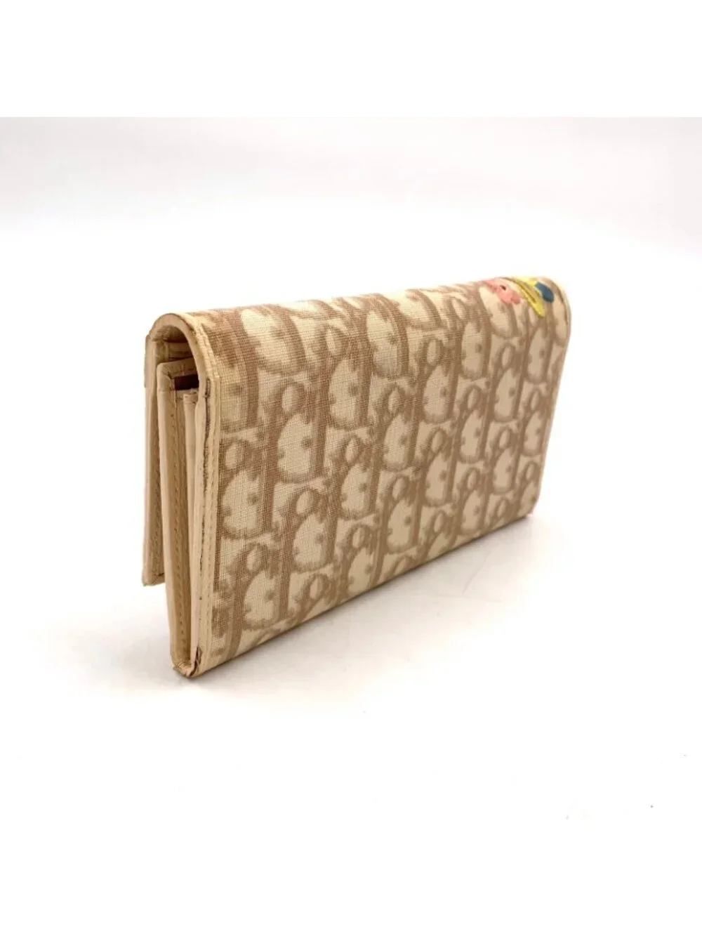 Dior Trotter Flower Embroidered Leather Light Beige Wallet Silver